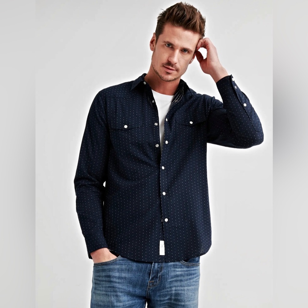 navy western style button down shirt with pearl buttons